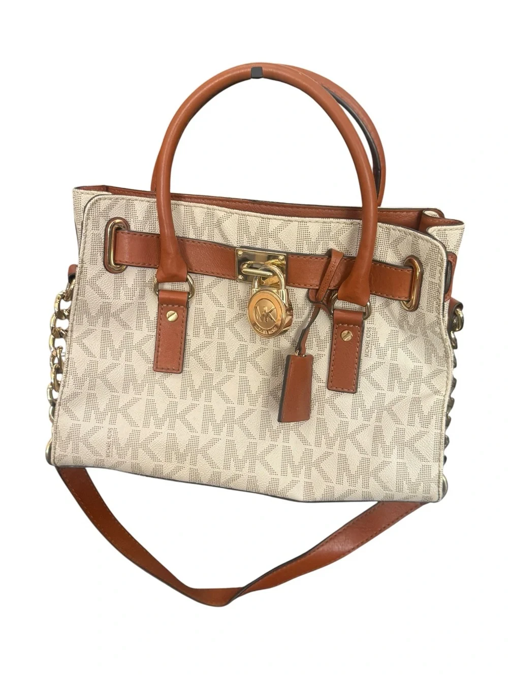 Michael Kors Beige MK Monogram Hamilton with Brown Trim and Gold Hardware